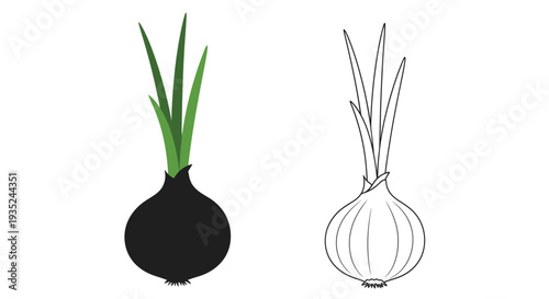Two depictions of a green onion colored and black and white line art