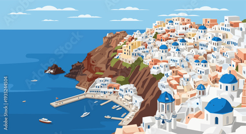 Illustrated Santorini village clings to a cliff overlooking blue sea, with iconic white buildings and blue domes. Illustration conveys Greek island life, summer, and travel destination.
