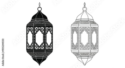 Two ornate lanterns one black one white with intricate geometric designs