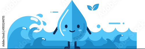 Cute Water Drop Character Smiling Amidst Waves, a Symbol of Purity and Refreshment for World Water Day Celebrations
