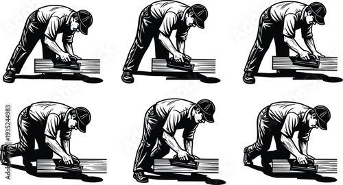 Set of black and white woodworker silhouettes featuring male carpenters using manual sanders on wooden planks isolated on white background for industrial labor design.