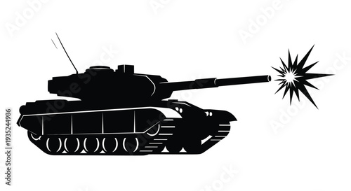 Black silhouette of a tank firing its cannon with an explosion