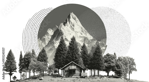 Forest cabin mountain peak conifer tree halftone texture geometric arc monochrome rustic lodge alpine landscape minimalist collage serene nature. Forest cabin towering mountain peak with, isolated