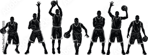 Set of black basketball player silhouettes in various action poses including dribbling, shooting, and defending isolated on white background for sports and competition vector design.