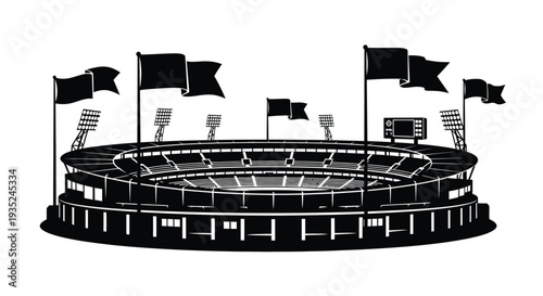 Black and white illustration of a stadium with waving flags and floodlights