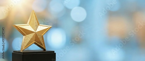 Celebrating excellence golden star trophy award ceremony conference hall event highlights professional environment close-up view recognition concept