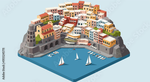 Isometric illustration of a colorful Italian coastal village nestled on a rocky cliff with boats in the harbor, showcasing vibrant architecture and a serene seaside atmosphere.
