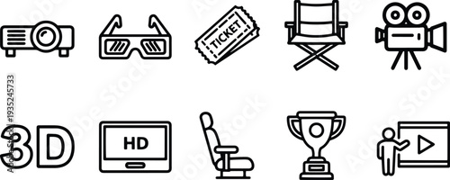 A set of vector line art silhouettes depicting various movie and film related icons and symbols
