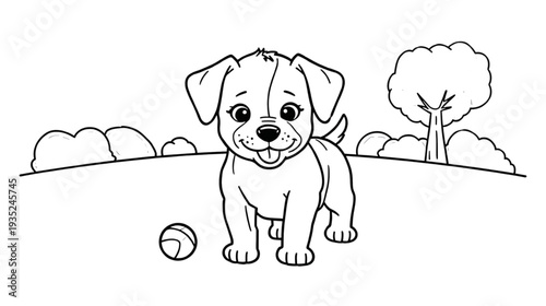 Puppy Illustration Standing Happily in a Park with a Ball Outline Drawing