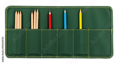 Isolated green canvas roll pencil case with different colors pencils for drawing and art