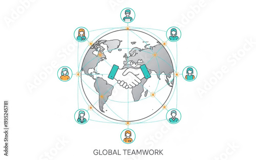 Global professionals collaborating across continents in a digital network, showcasing unity and global teamwork from a top-down perspective.