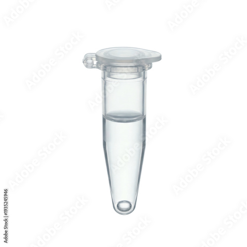 Micro laboratory consumables clear conical tube with hinged cap filled with liquid for sample storage and analysis in sterile lab environment