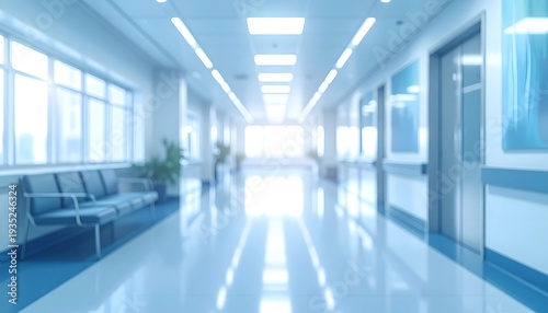 Wallpaper Mural Blurred view of a bright hospital hallway with seats and doors Torontodigital.ca