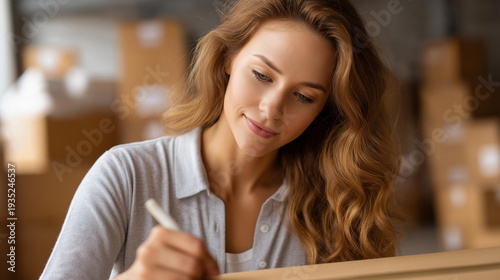 Young woman in warehouse carefully labeling cardboard box, businesswoman entrepreneur, small business owner writing addressee details, shipping preparation work, defocused storage