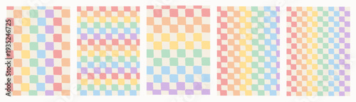 Retro pastel rainbow gingham pattern set. Hand drawn textured checkered squares in pride flag colors. Seamless geometric background for social media, graphic prints, invitation card design. Vector.