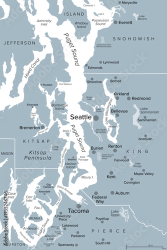 Seattle metropolitan area, U.S. state of Washington, gray political map. Urban agglomeration comprising Seattle, its surrounding satellites and suburbs, in counties King, Pierce, and Snohomish. Vector