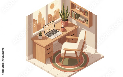A modern home office setup with a laptop, chair, and plants, viewed from an isometric perspective in a well-lit room.