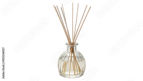 Fényképezés Scent diffuser with wooden sticks placed in a clear glass container isolated on