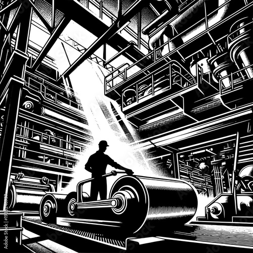 Industrial worker operating heavy machinery in modern factory with dramatic lighting