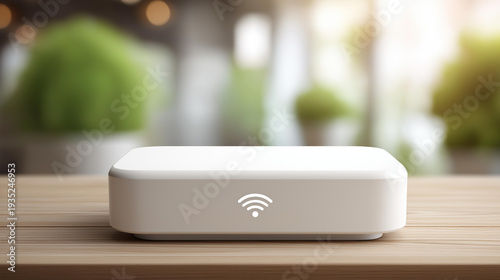 Internet distribution router device with Wi-Fi connectivity symbol, network infrastructure equipment, wireless signal broadcasting, home networking technology, digital communicatio