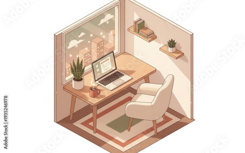 Isometric view of a modern home office with laptop and chair near a large window