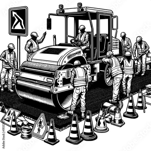 Road construction workers operating asphalt roller on urban street with safety cones and signs