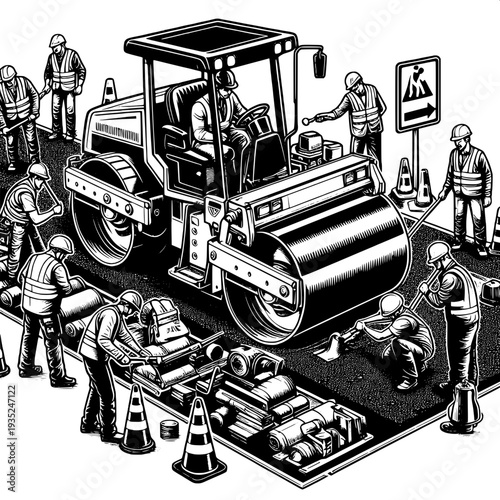 Road construction workers operating asphalt roller on urban street with safety cones and signs