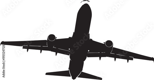 Black silhouette of airplane viewed from below white background