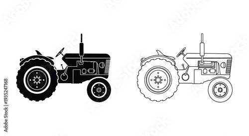 Two black and white line art depictions of a classic farm tractor