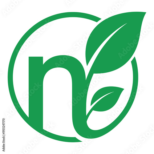Green leafy logo design with lowercase letter n and e inside circle icon
