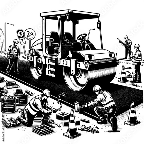 Road construction workers operating asphalt roller on urban street with safety cones and signs