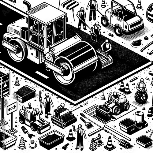 Road construction workers operating asphalt roller on urban street with safety cones and signs