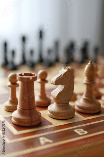 Фотография A vertical close-up of wooden chess pieces on a board with the opposing black army blurred in the background