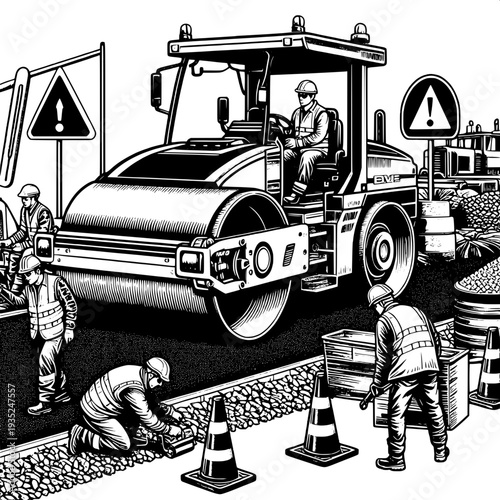 Road construction workers operating asphalt roller on urban street with safety cones and signs