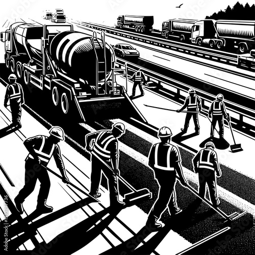 Road construction workers with heavy roller machine on urban street repair site