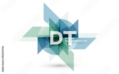 Abstract geometric shapes forming a star with DT letters in the center, representing technology and digital transformation concepts