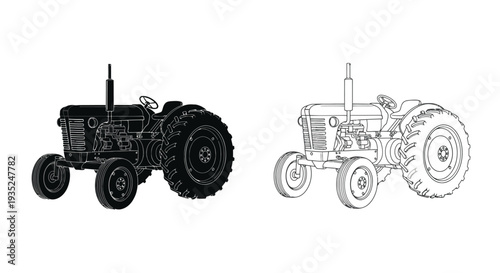 Two vintage farm tractors illustrated in black and white line art