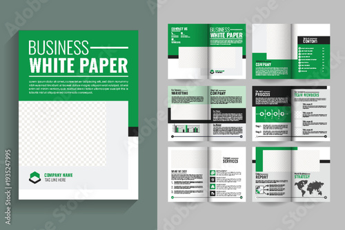 white paper design booklet vector layout template, 12 page green color white paper design booklet, Corporate White Paper Design