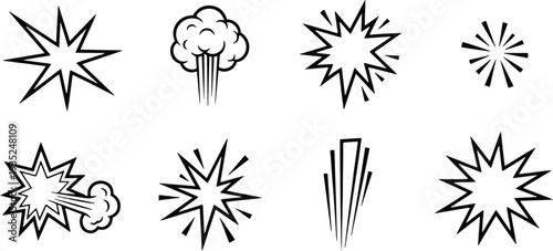 A set of vector line art explosion silhouettes in a bundle of comic book style illustrations