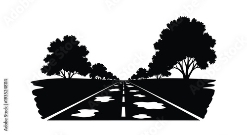 A winding road stretches into the distance beneath silhouetted trees