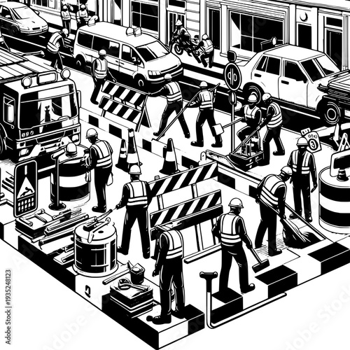 Busy industrial port with cranes shipping containers trucks logistics transportation black white