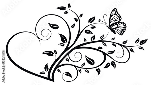 Intricate Heart Vine with Butterfly and Swirling Leaf Flourish