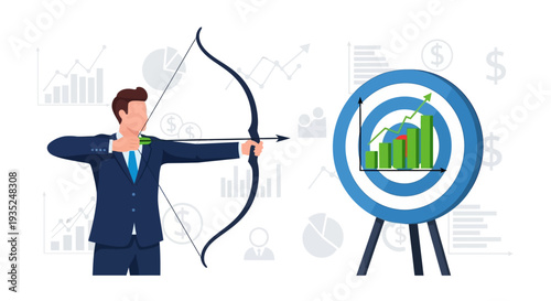 Businessman aiming bow at target with rising graph illustration