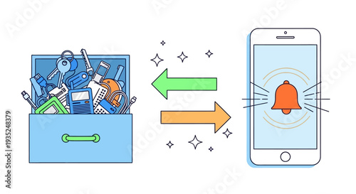 Notification alert on mobile device with toolbox and tools nearby, indicating connection or alert system