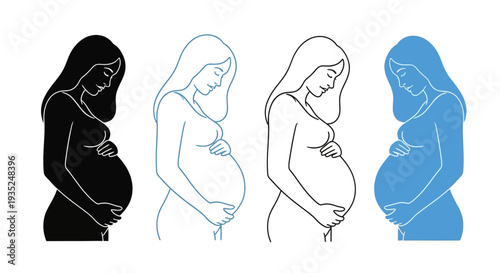 Illustration depicting a series of pregnant women in various stages of outline and color profiles showcasing motherhood from different visual perspectives