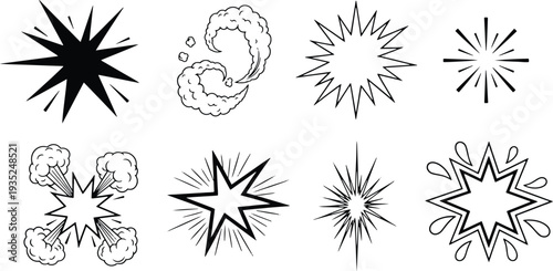 A set of vector line art explosion silhouettes in a bundle of comic book style illustrations
