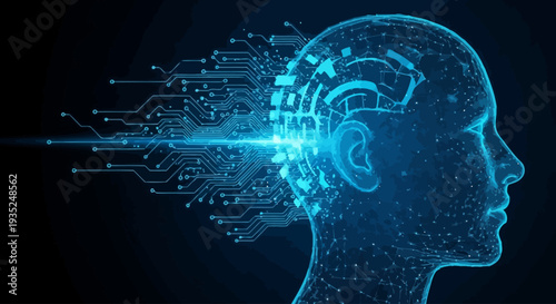 A digital representation of a human head in profile, illuminated by a bright glow, with circuit board patterns and data streams emanating from the brain, symbolizing technology and intelligence.