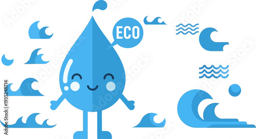 Adorable eco-friendly water drop character illustration, emphasizing environmental protection and sustainable water resources, with playful ocean wave elements