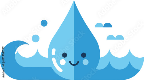 Charming and friendly blue water drop character illustration, smiling brightly amidst playful waves and splashes, symbolizing purity, freshness, and the vital essence of water