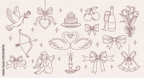 Wedding illustration featuring doves, bows, and luxurious elements in a whimsical, celebratory atmosphere from a frontal viewpoint.